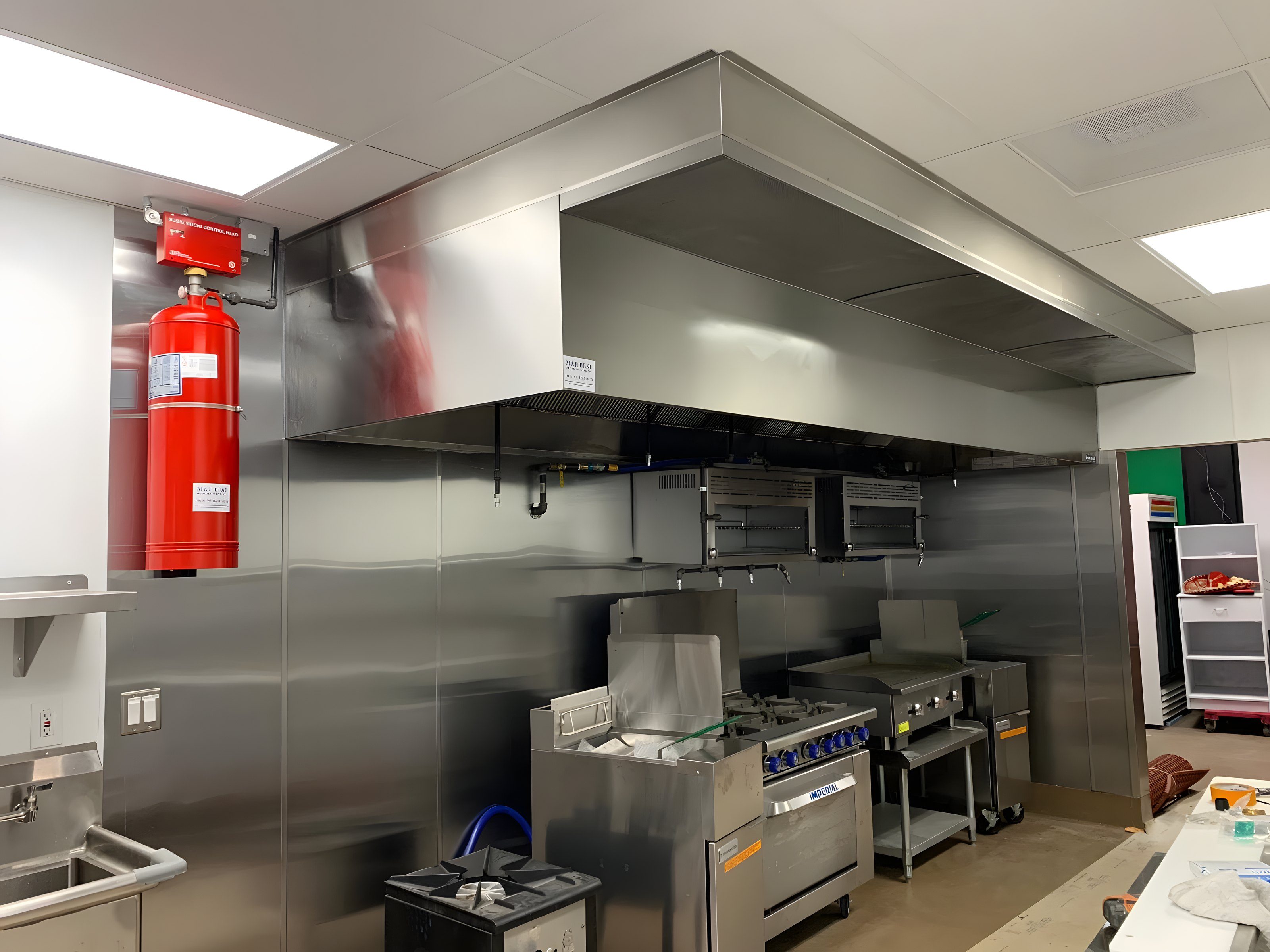 A commercial kitchen hood with its fire suppression tank mounted beside it, the ceiling still open